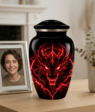 Red Dragon Cremation Urn for Ashes | Personalized Dragon Memorial Urn | Black & Red Fantasy Adult Urn