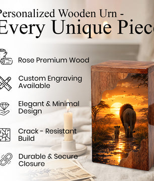 Lion Wooden Cremation Urn – Sunset Memorial Urn for Human Ashes | Strength, Love & Eternal Connection Wooden Urn