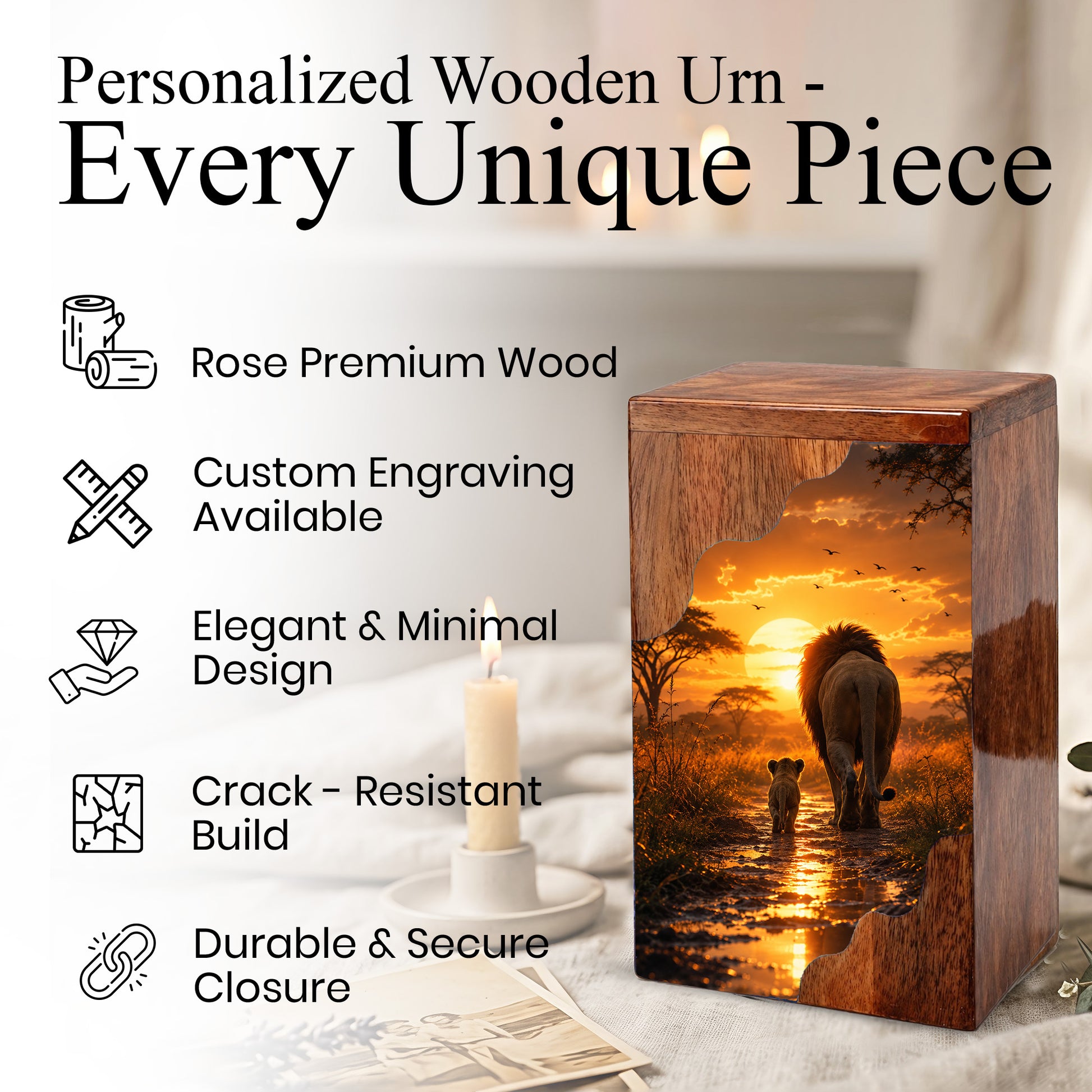 Lion Wooden Cremation Urn – Sunset Memorial Urn for Human Ashes | Strength, Love & Eternal Connection Wooden Urn