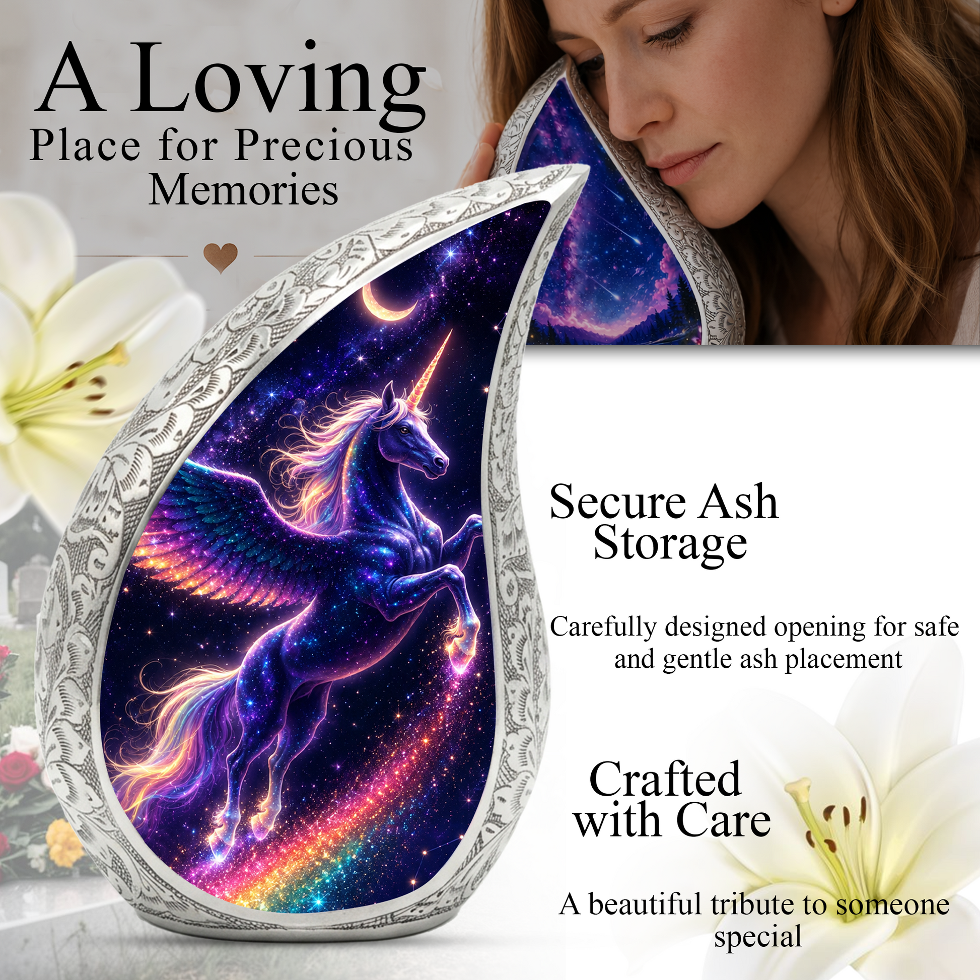 Unicorn Memorial Urn for Mom, Fantasy Cremation Urn for Women