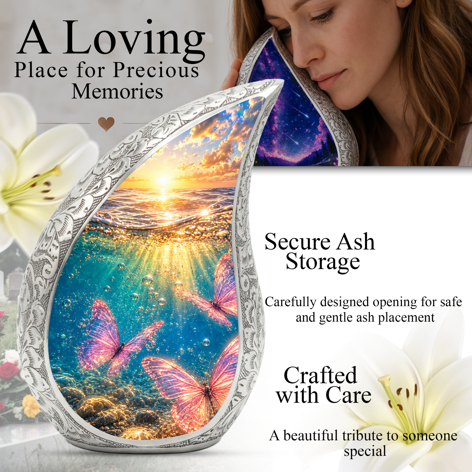Butterfly Urn for Mom, Ocean Butterfly Cremation Urn,Keepsake Funeral Urn