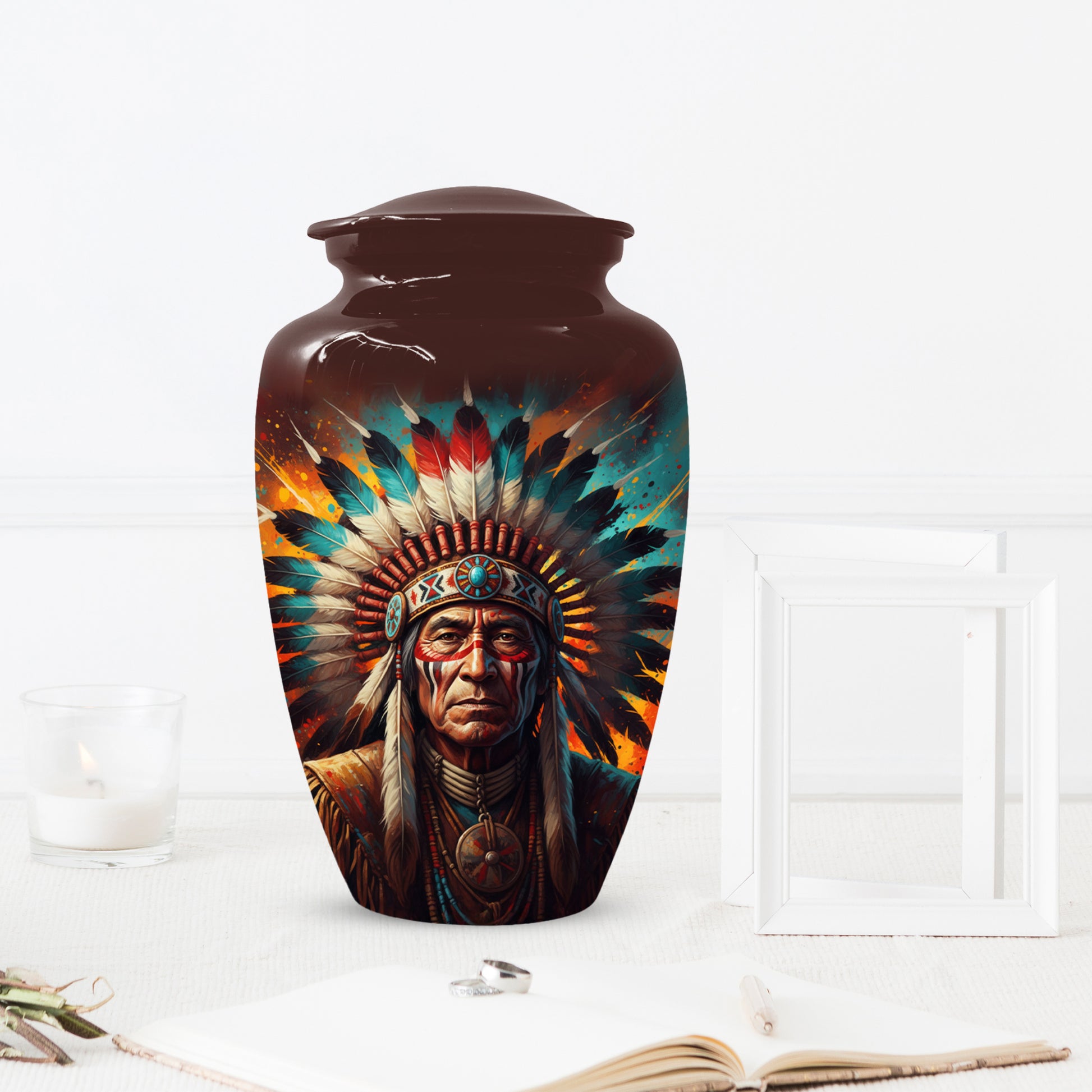 Native American Inspired Cremation Urn for Adult Ashes | Tribal Portrait Memorial Adult Urn