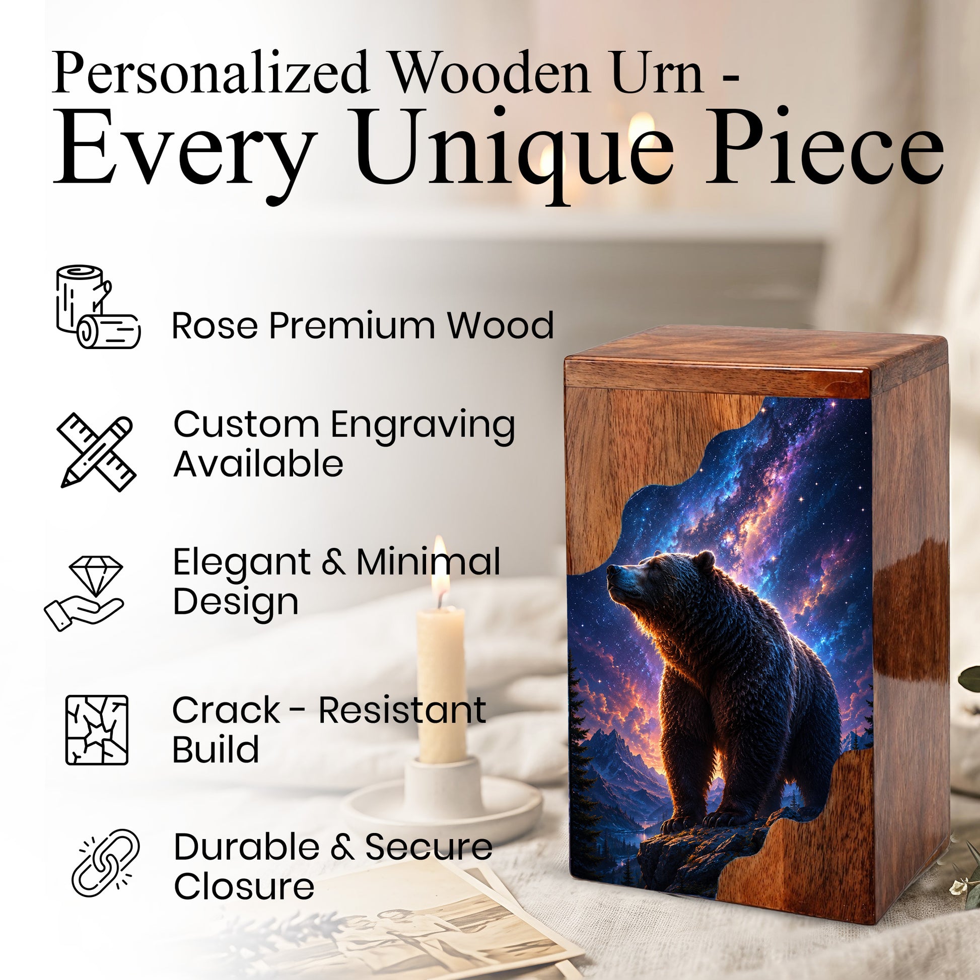 Bear Wooden Cremation Urn – Personalized Memorial Urn for Human Ashes