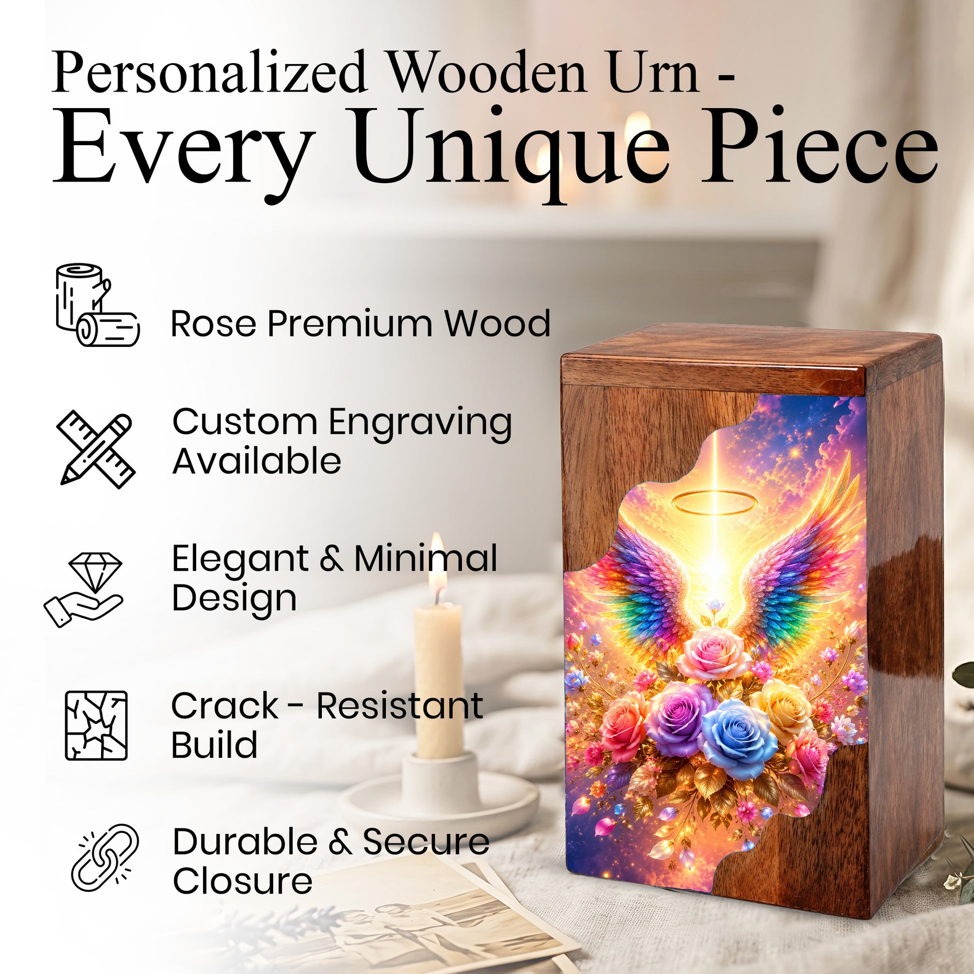 Angel Wings Wooden Cremation Urn – Heavenly Memorial Urn for Human Ashes