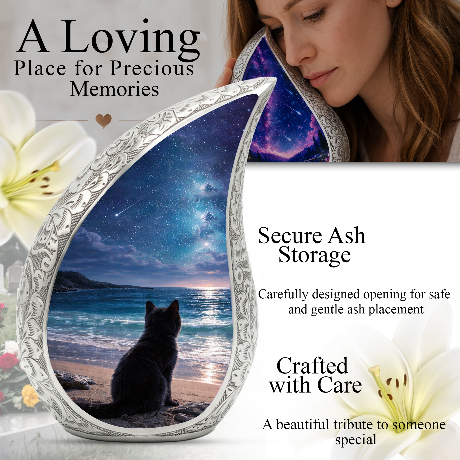 Personalized Cat Urn, Moonlight Beach Cat Urn for Ashes-Memorial Urn For Ashes