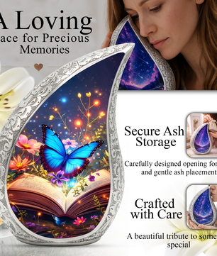 Butterfly Personalized Cremation Urn – Teardrop Style Aluminum Memorial Urn, 10 Inch