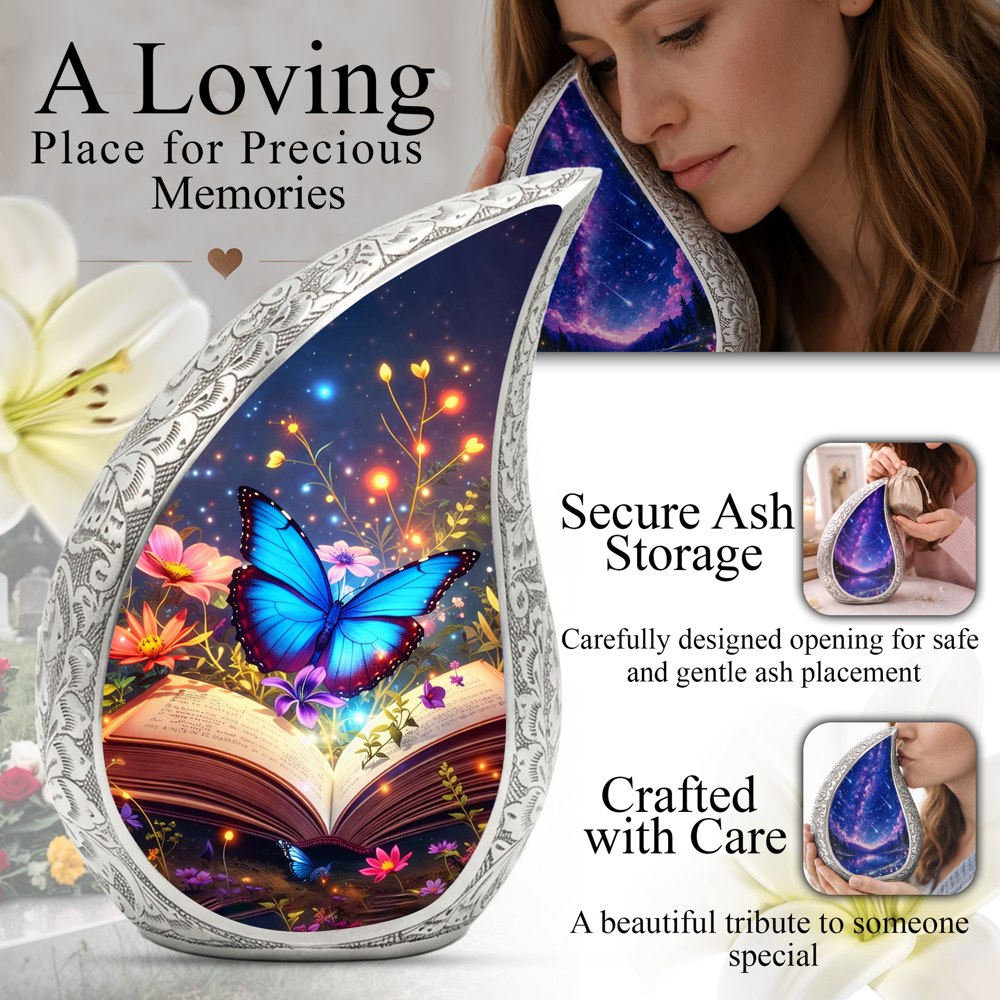 Butterfly Personalized Cremation Urn – Teardrop Style Aluminum Memorial Urn, 10 Inch