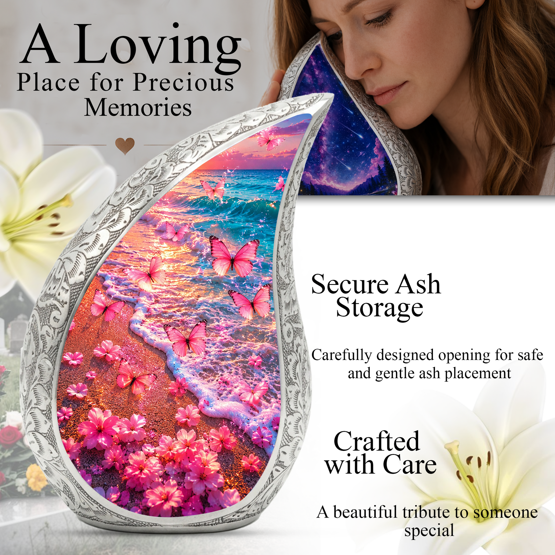 Pink Butterfly Beach Ocean Urn for Human Ashes | Butterfly Cremation Urn for Mom,