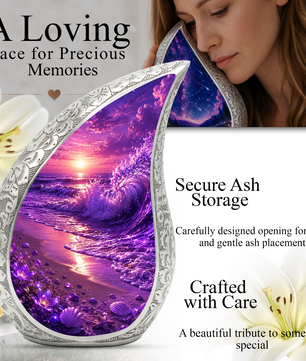 Beach Urns for Human Ashes – Purple Ocean Wave Sunset Beach Themed Cremation Urn