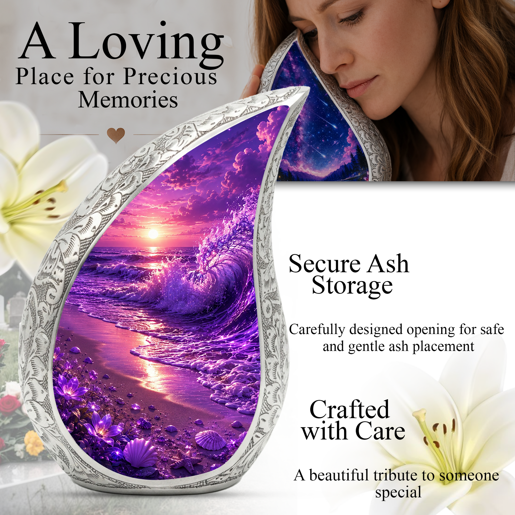 Beach Urns for Human Ashes – Purple Ocean Wave Sunset Beach Themed Cremation Urn