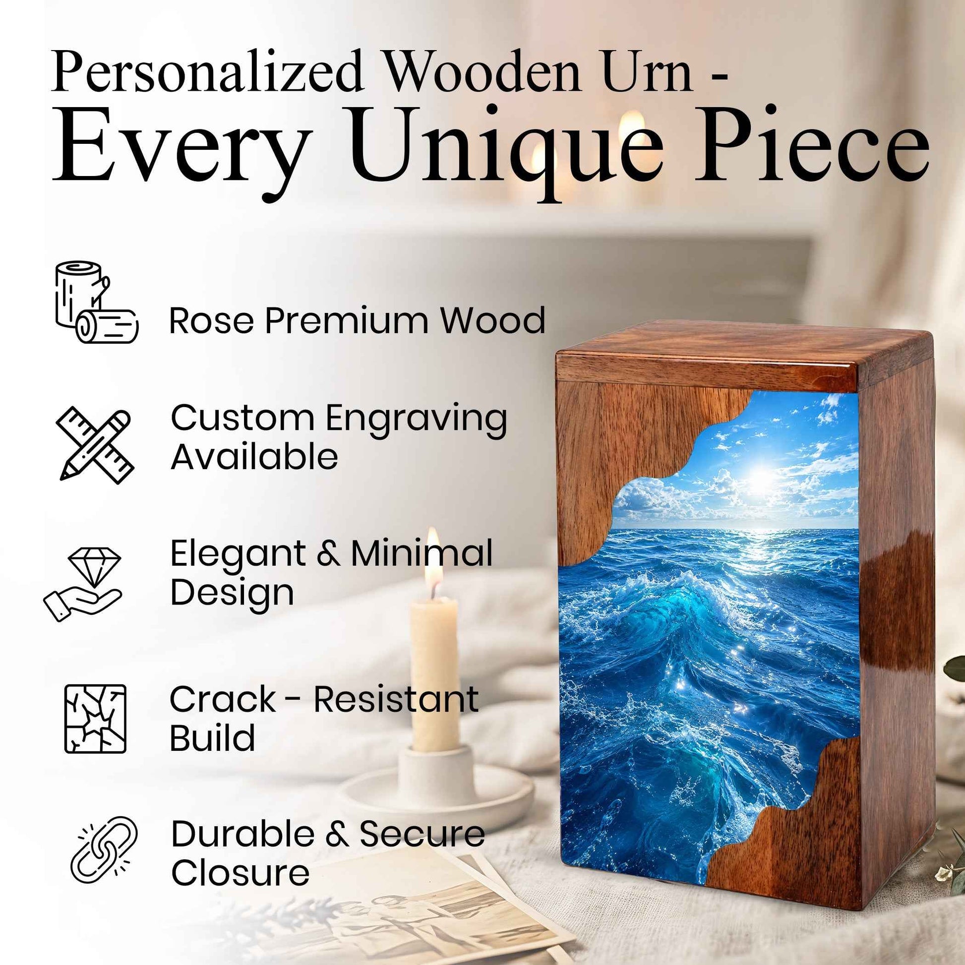 Ocean Wave Wooden Cremation Urn – Wooden Urn for Human Ashes