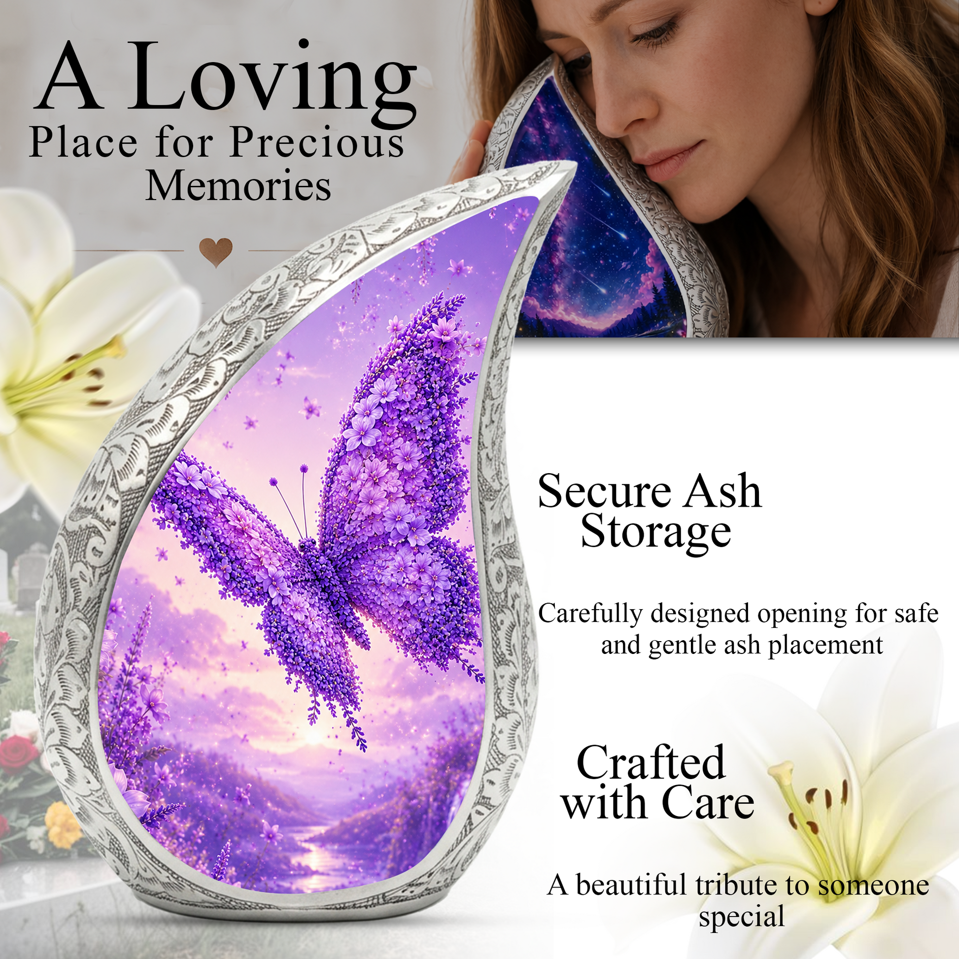 Butterfly Urn for Human Ashes | Purple Floral Adult Cremation Urn | Beautiful Butterfly Memorial Urn for Ashes