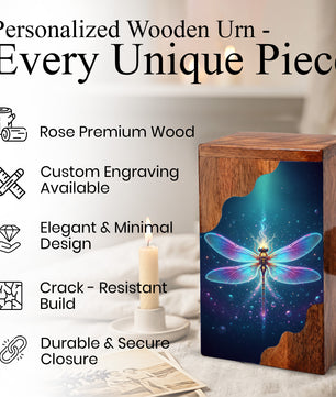 Dragonfly Wooden Cremation Urn – Radiant Butterfly Inspired Memorial Wooden Urn for Human Ashes