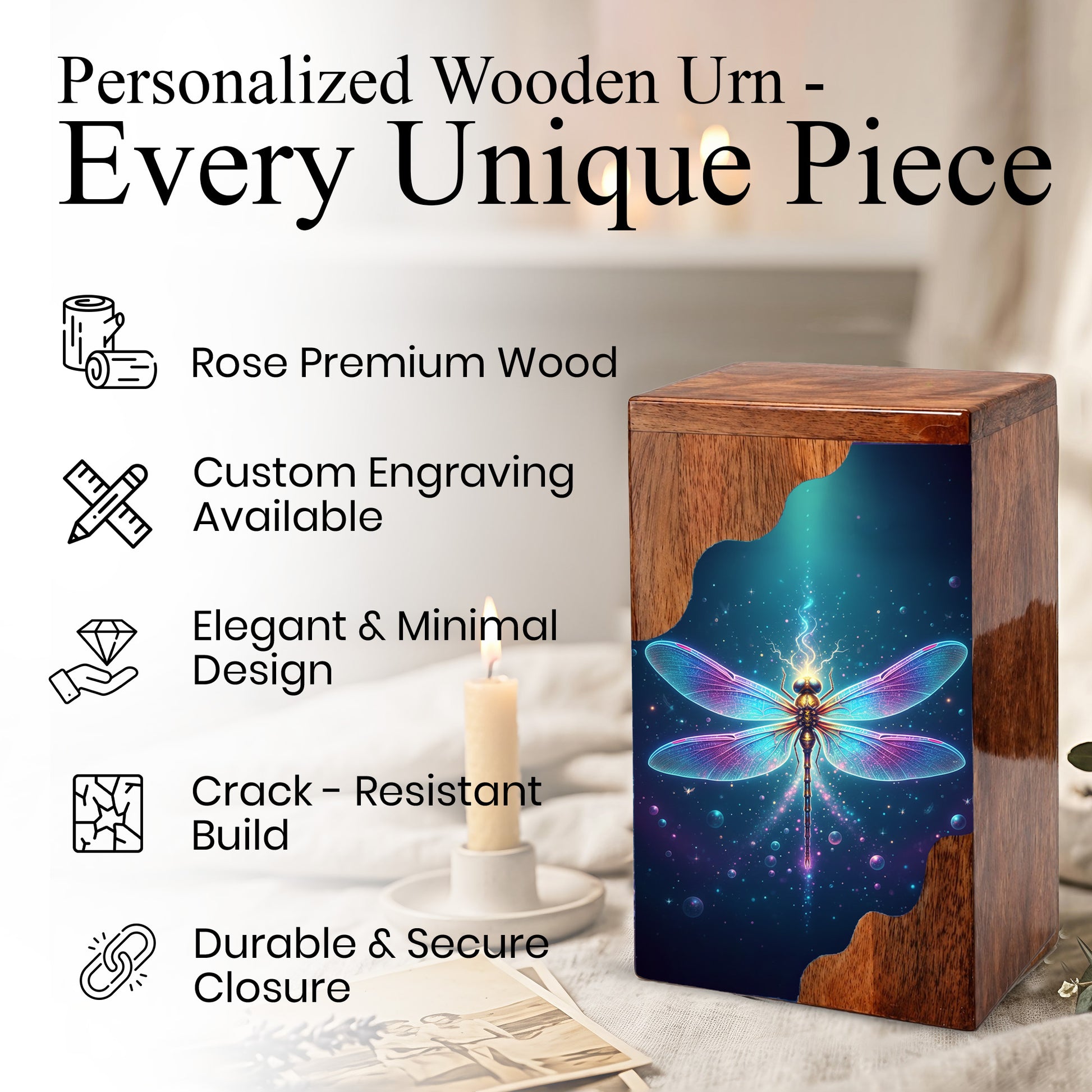 Dragonfly Wooden Cremation Urn – Radiant Butterfly Inspired Memorial Wooden Urn for Human Ashes