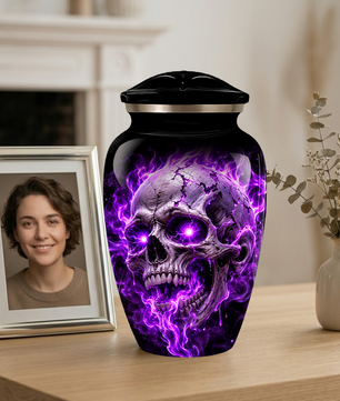 Adult Cremation Urn – Purple Skull & Flames Memorial Urn for Adult Ashes