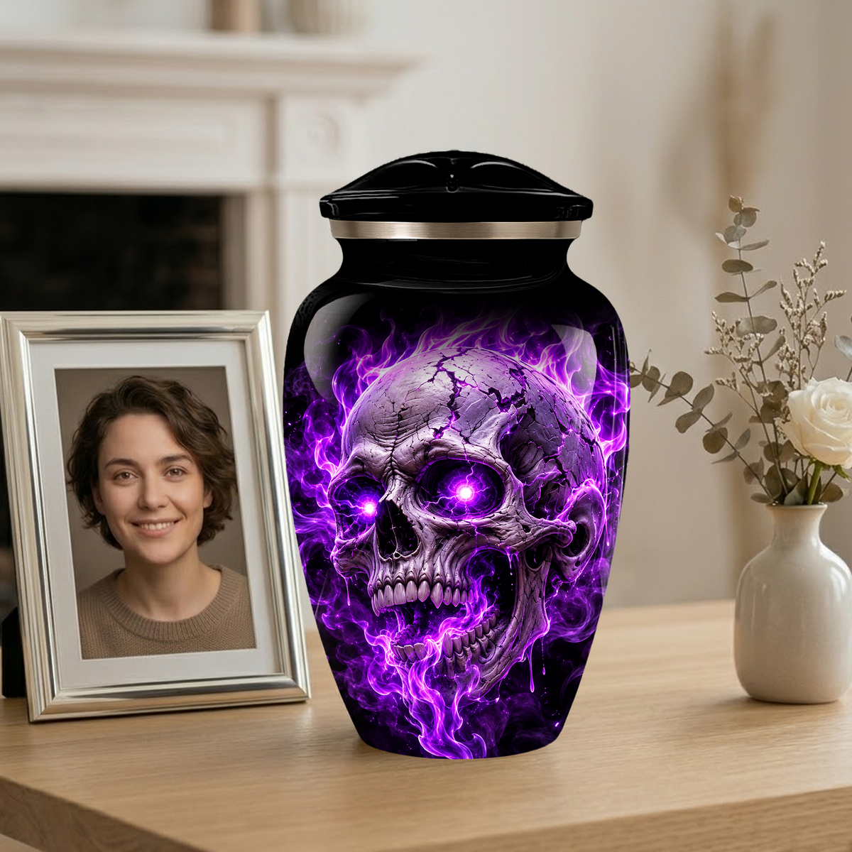 Adult Cremation Urn – Purple Skull & Flames Memorial Urn for Adult Ashes