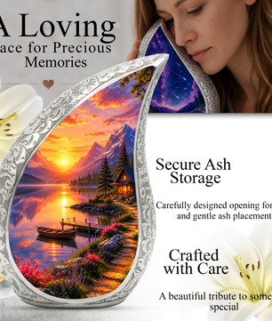Sunset Lake Cremation Urn for Adult Ashes, Mountain Landscape Memorial Urn
