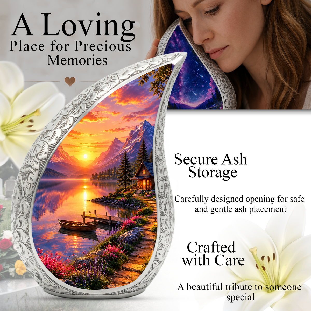 Sunset Lake Cremation Urn for Adult Ashes, Mountain Landscape Memorial Urn