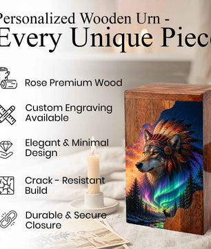 Wolf Wooden Cremation Urn – Northern Lights Memorial Urn