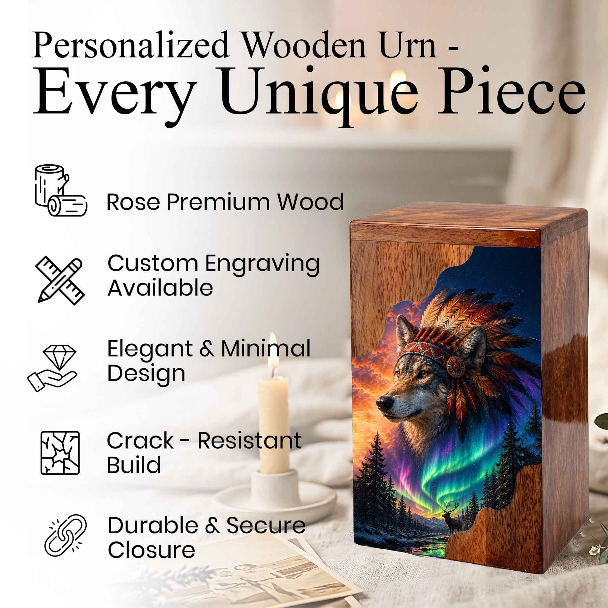 Wolf Wooden Cremation Urn – Northern Lights Memorial Urn