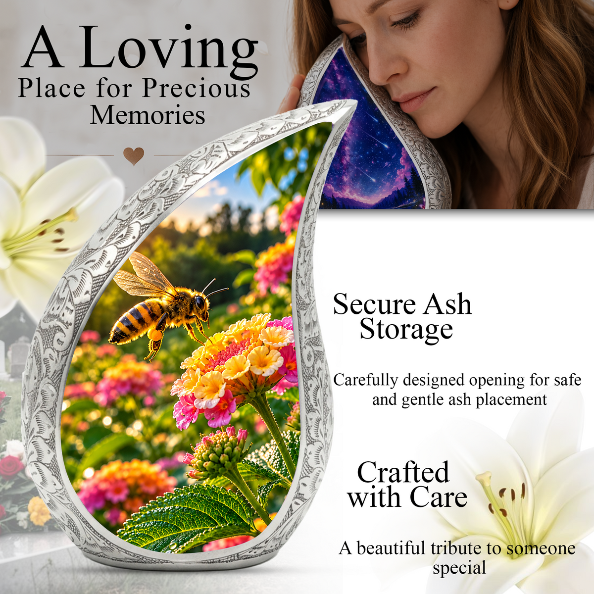 Honey Bee Cremation Urn for Adult Ashes, Bee and Flower Memorial Urn