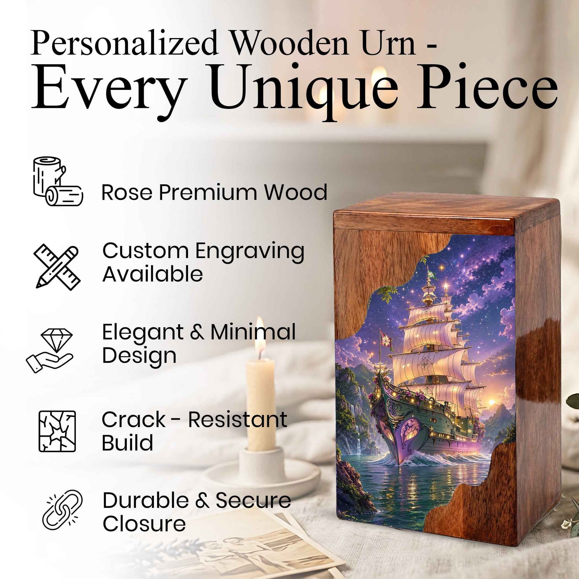 Wooden Cremation Urn for Human Ashes, Sailing Ship Memorial Urn, Adult Cremation Urn