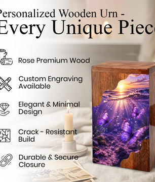 Purple Butterfly Wooden Cremation Urn – Wooden Urn for Human Ashes