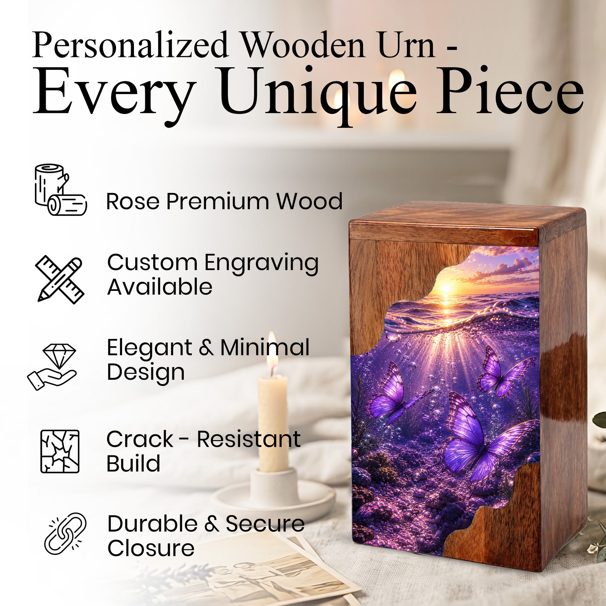 Purple Butterfly Wooden Cremation Urn – Wooden Urn for Human Ashes