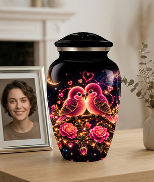 Love Birds Cremation Urn for Adult Ashes, Romantic Pink Birds and Roses Memorial Urn
