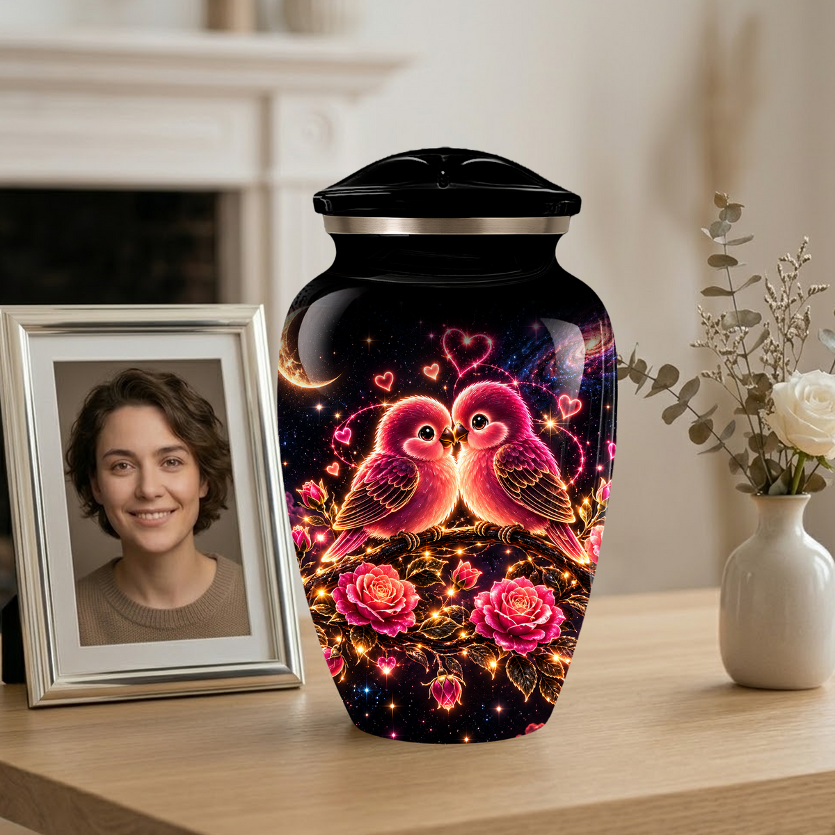 Love Birds Cremation Urn for Adult Ashes, Romantic Pink Birds and Roses Memorial Urn