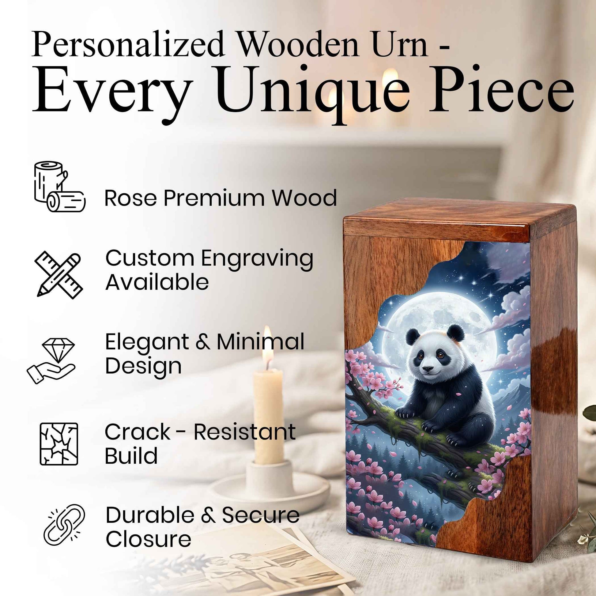 Wooden Cremation Urn – Moonlit Panda Memorial Urn | Custom Memorial Urn for Mom, Dad & Loved Ones