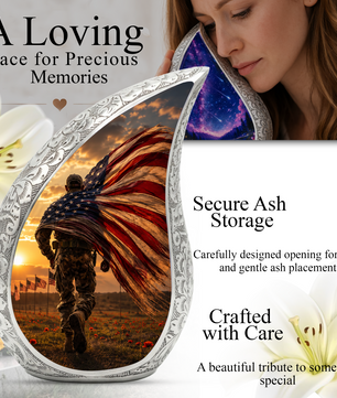 Patriotic Soldier Urn for Dad | American Flag Cremation Urn for Human Ashes & Military Memorial