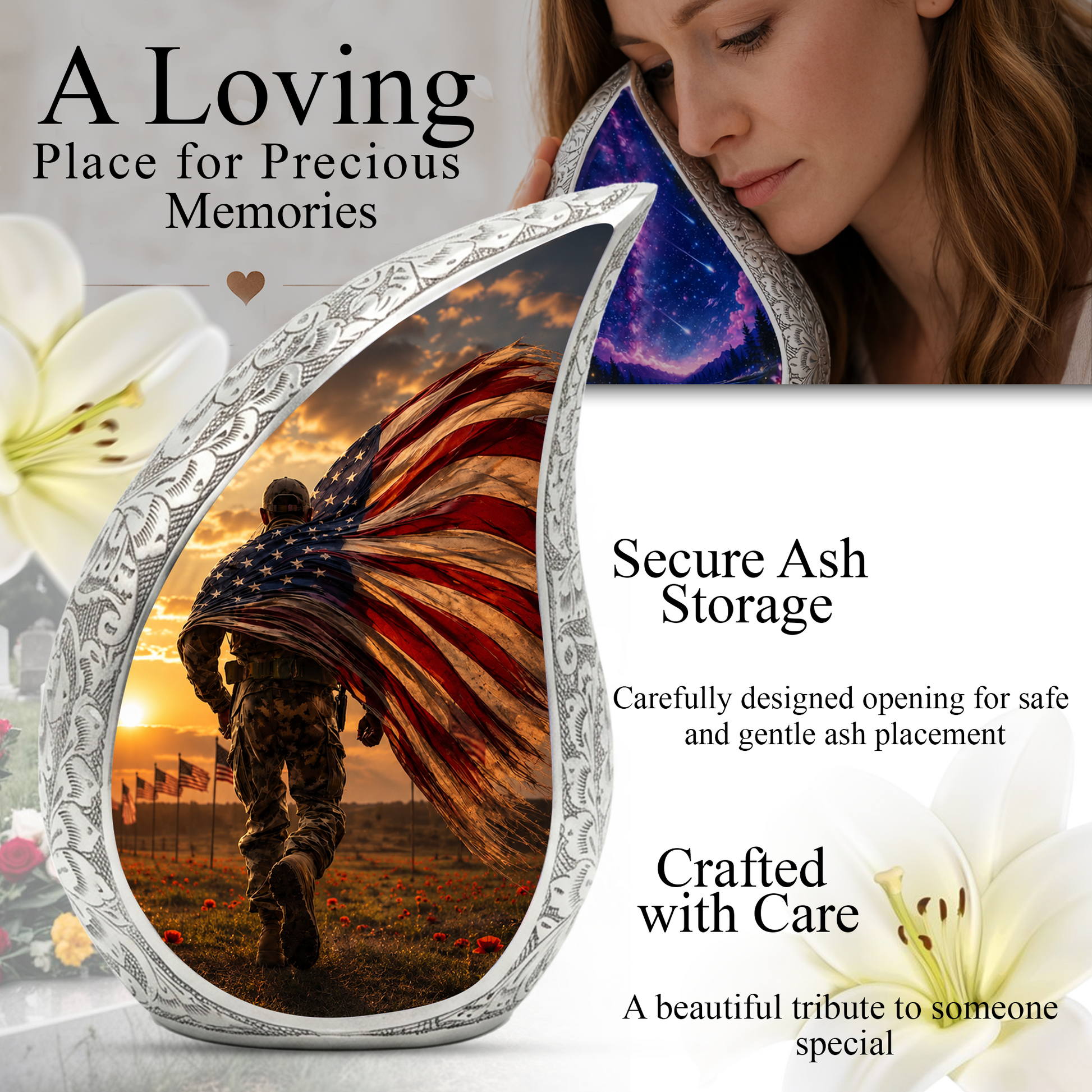 Patriotic Soldier Urn for Dad | American Flag Cremation Urn for Human Ashes & Military Memorial