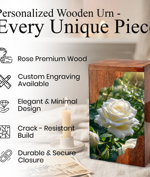 White Rose Wooden Cremation Urn – Wooden Urn for Human Ashes