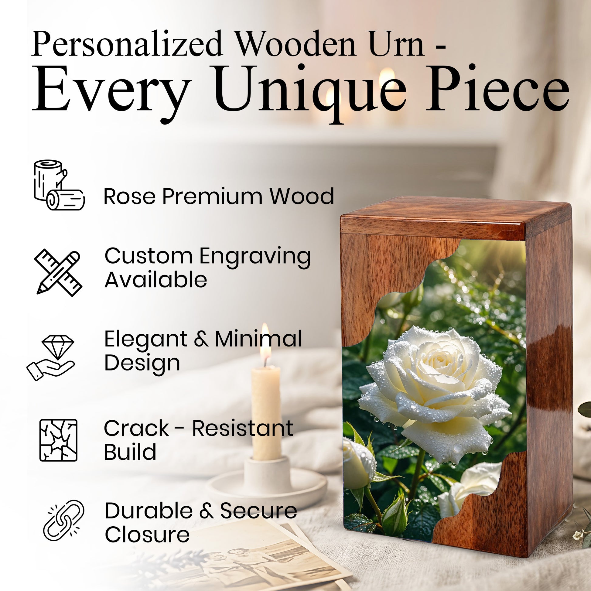 White Rose Wooden Cremation Urn – Wooden Urn for Human Ashes
