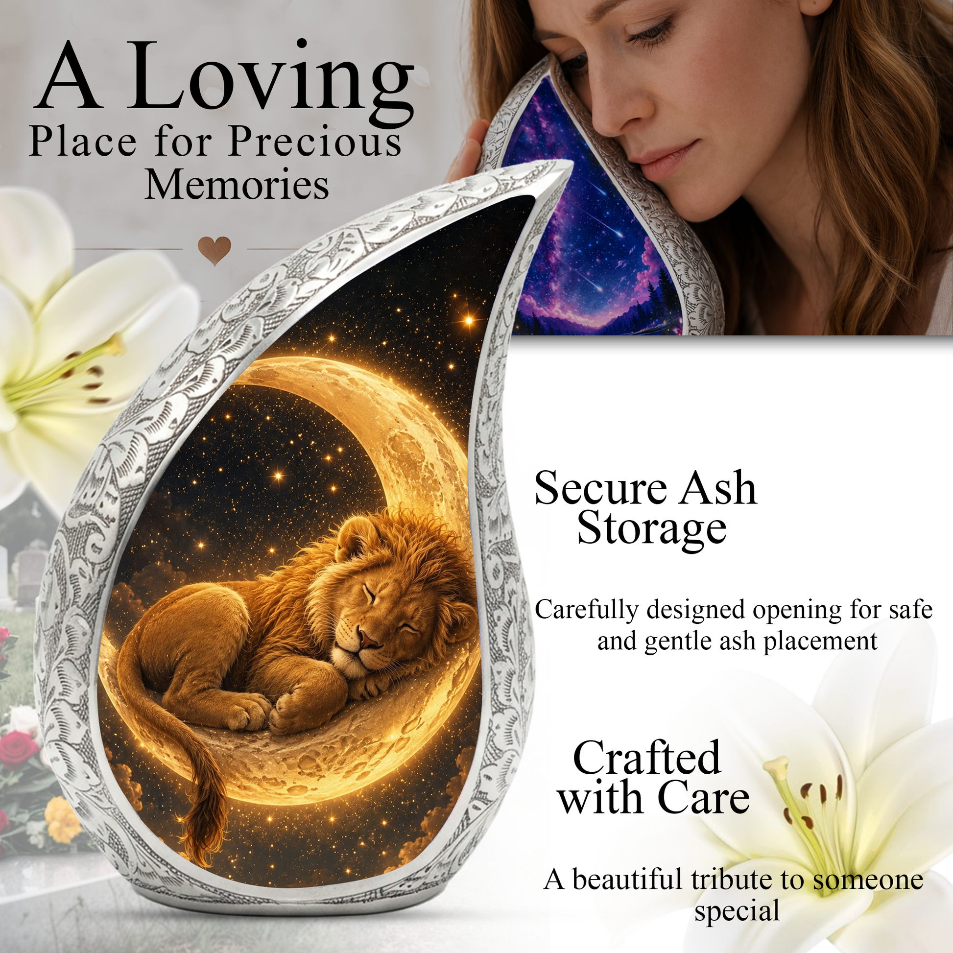 Sleeping Lion Moon Urn for Adult Ashes | Peaceful Adult Cremation Urn Memorial