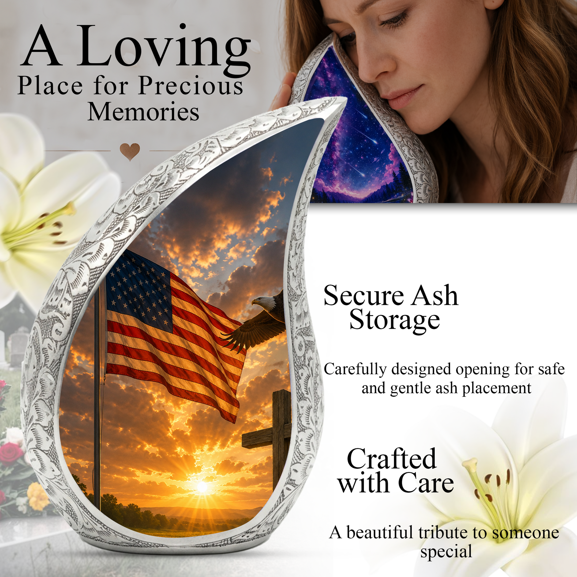 Patriotic Flag Urn for Human Ashes | American Flag Adult Cremation Urn | Memorial Urn for Adults & Ashes