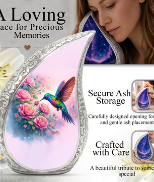 Personalized Hummingbird Cremation Urn – Custom Rose Memorial Urn for Ashes, Floral Teardrop Aluminum Adult Urn, 10 Inch