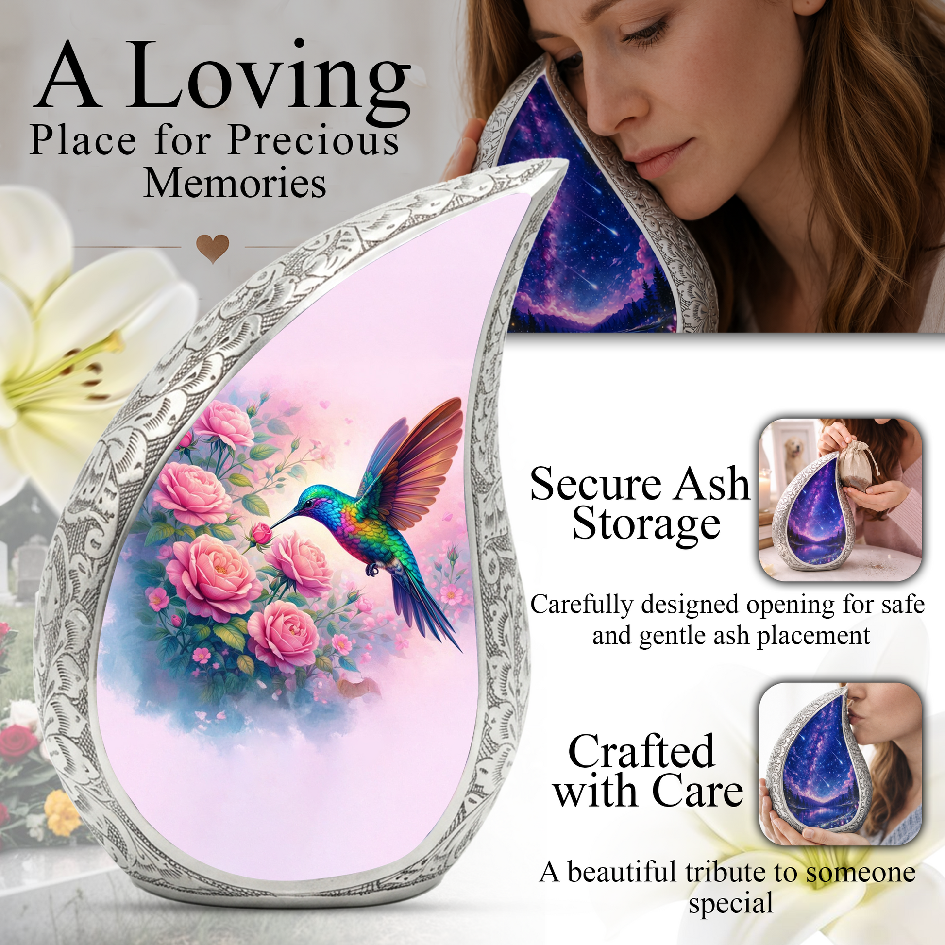 Personalized Hummingbird Cremation Urn – Custom Rose Memorial Urn for Ashes, Floral Teardrop Aluminum Adult Urn, 10 Inch