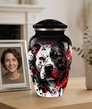 Personalized Pitbull Cremation Urn for Ashes  Black and White Pet Portrait Urn with Red Accents