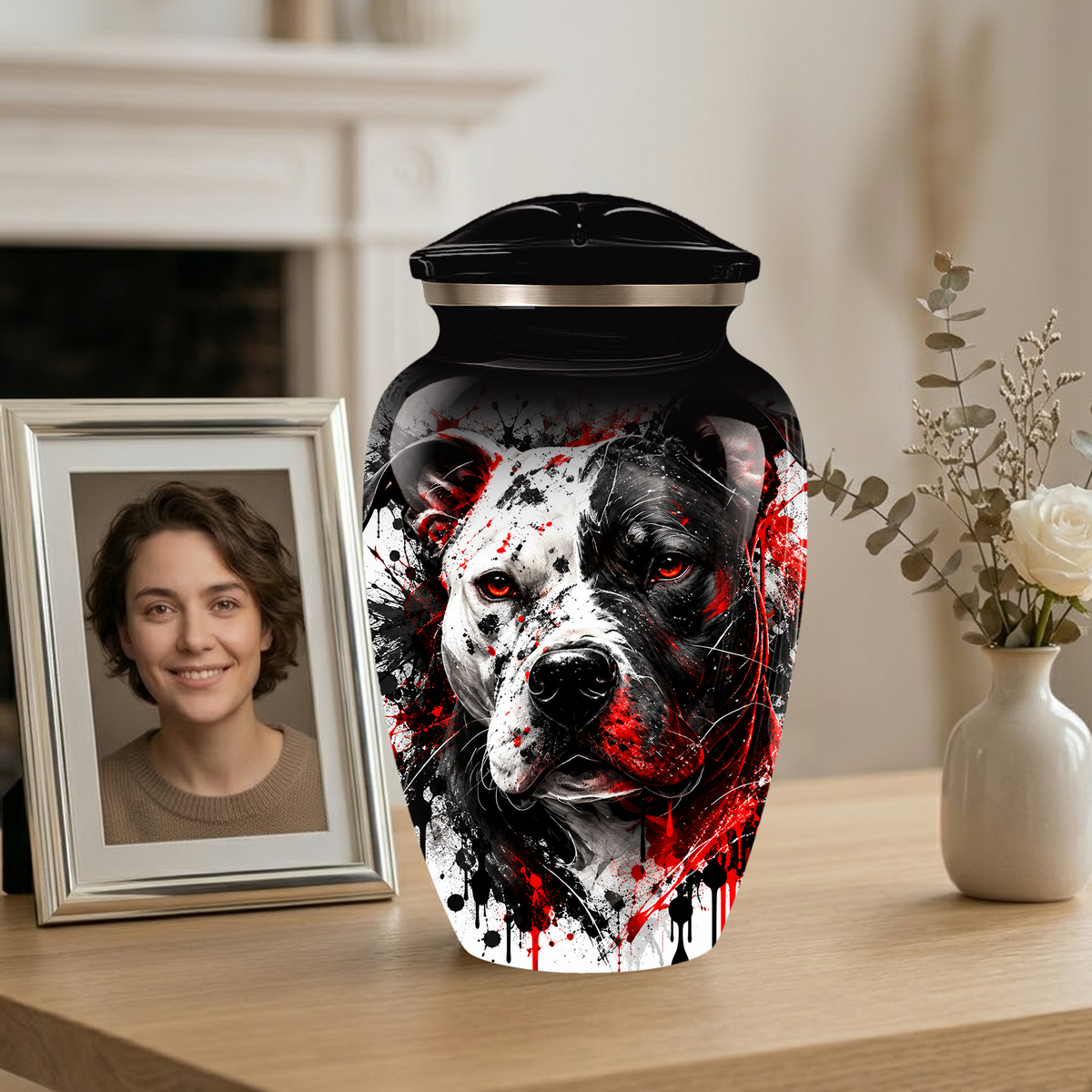 Personalized Pitbull Cremation Urn for Ashes  Black and White Pet Portrait Urn with Red Accents