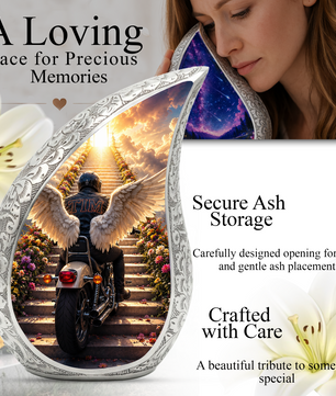 Motorcycle Angel Wings Urn for Dad Ashes | Motorcycle Cremation Urn for Men, Adult Male Memorial Urn for Father,