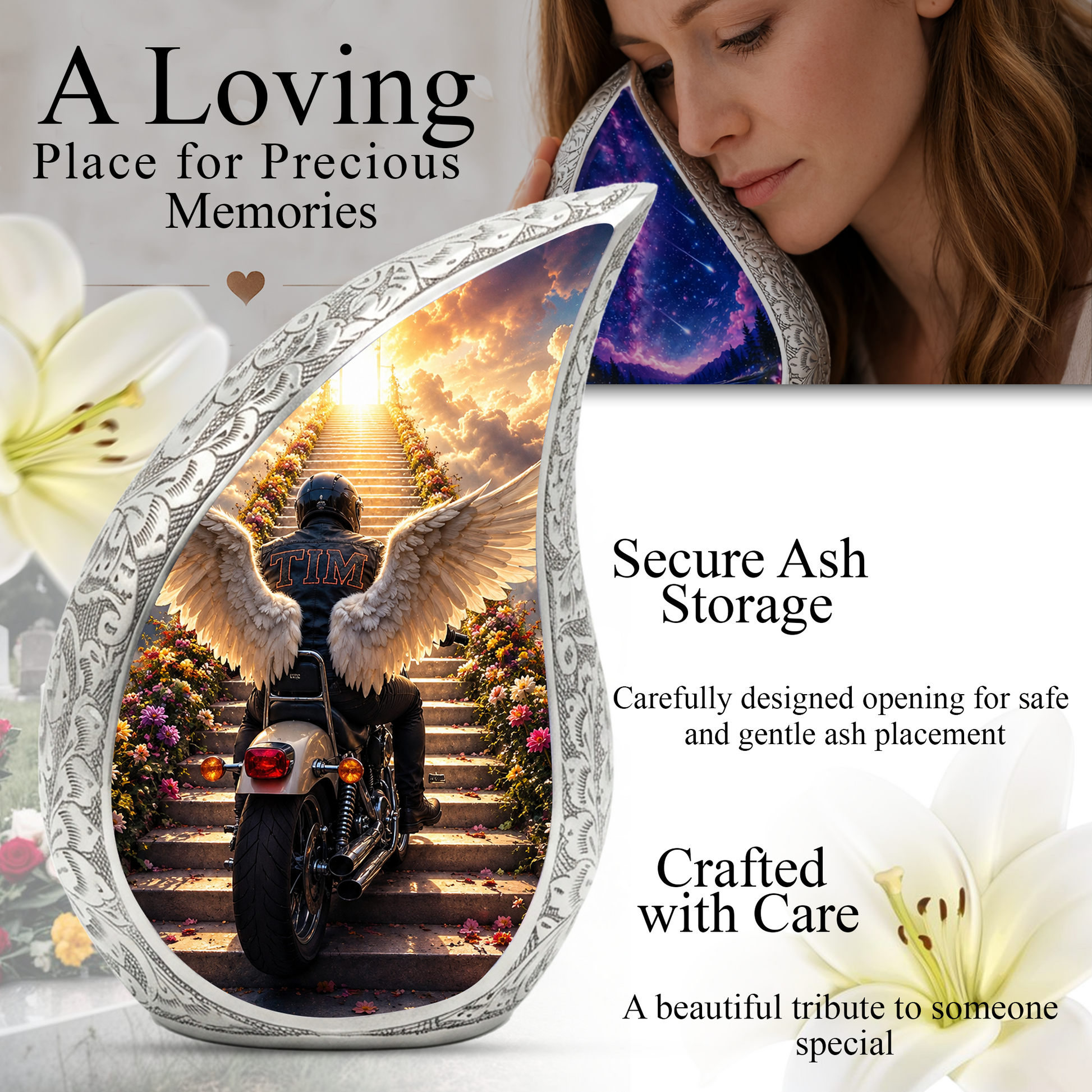 Motorcycle Angel Wings Urn for Dad Ashes | Motorcycle Cremation Urn for Men, Adult Male Memorial Urn for Father,