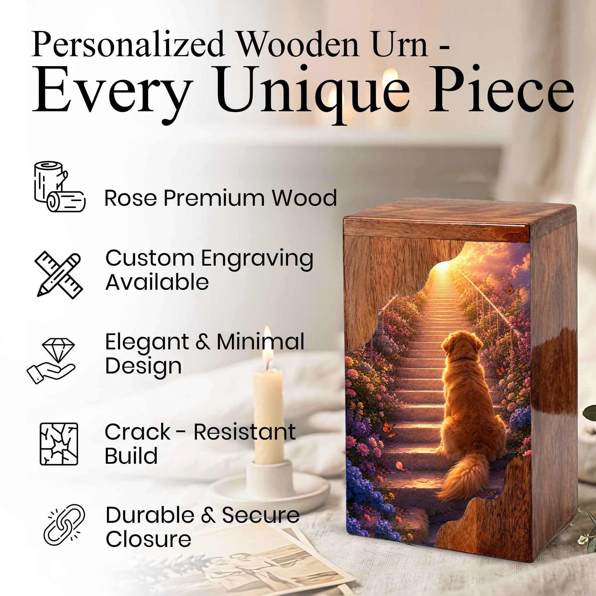 Personalized Dog Urn for Ashes | Wooden Dog Cremation Urn | Rainbow Bridge Pet Memorial Urn