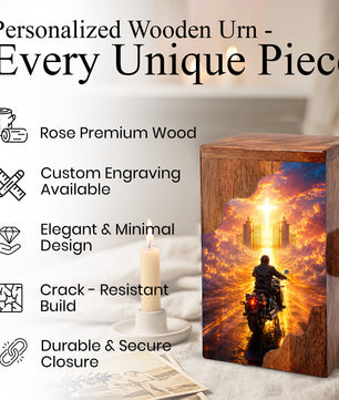 Motorcycle Heaven Wooden Cremation Urn – Christian Memorial Urn for Human Ashes