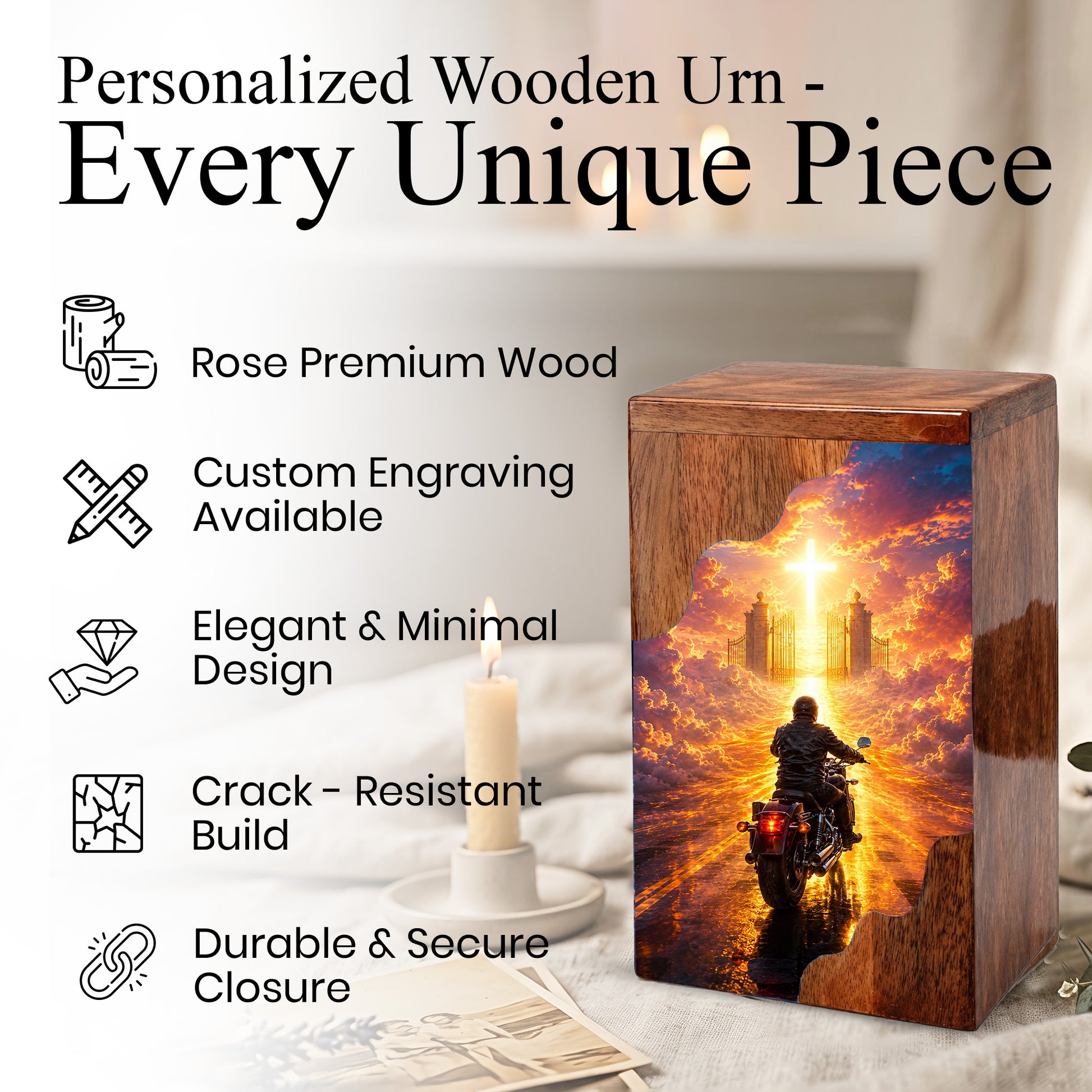 Motorcycle Heaven Wooden Cremation Urn – Christian Memorial Urn for Human Ashes