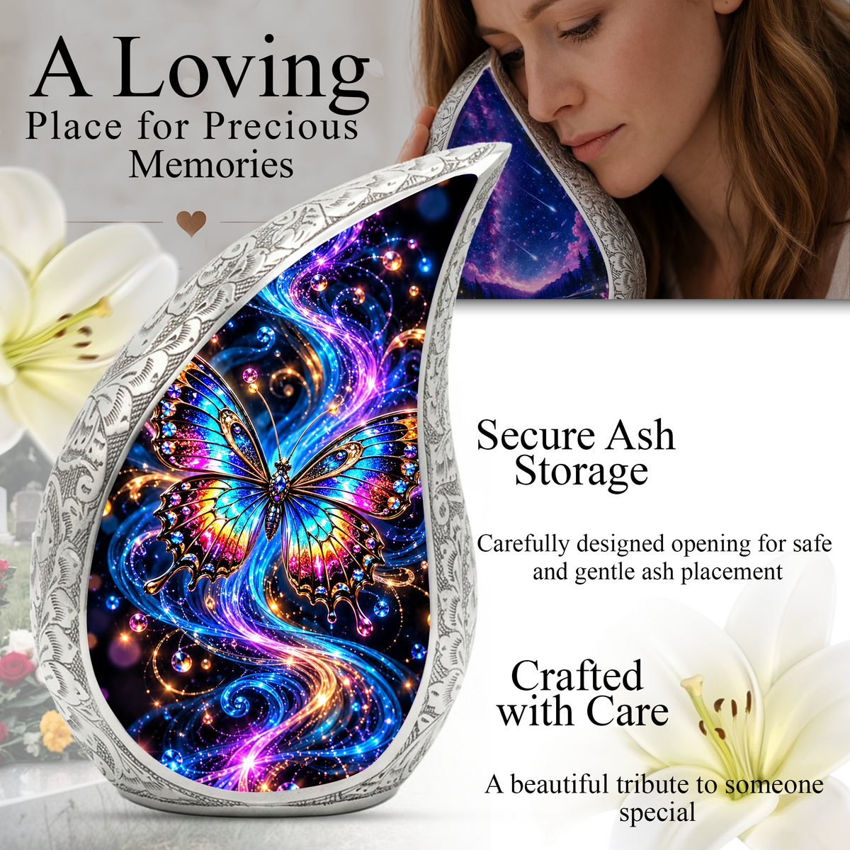 Colorful Butterfly Cremation Urn for Ashes, Rainbow Butterfly Memorial Urn