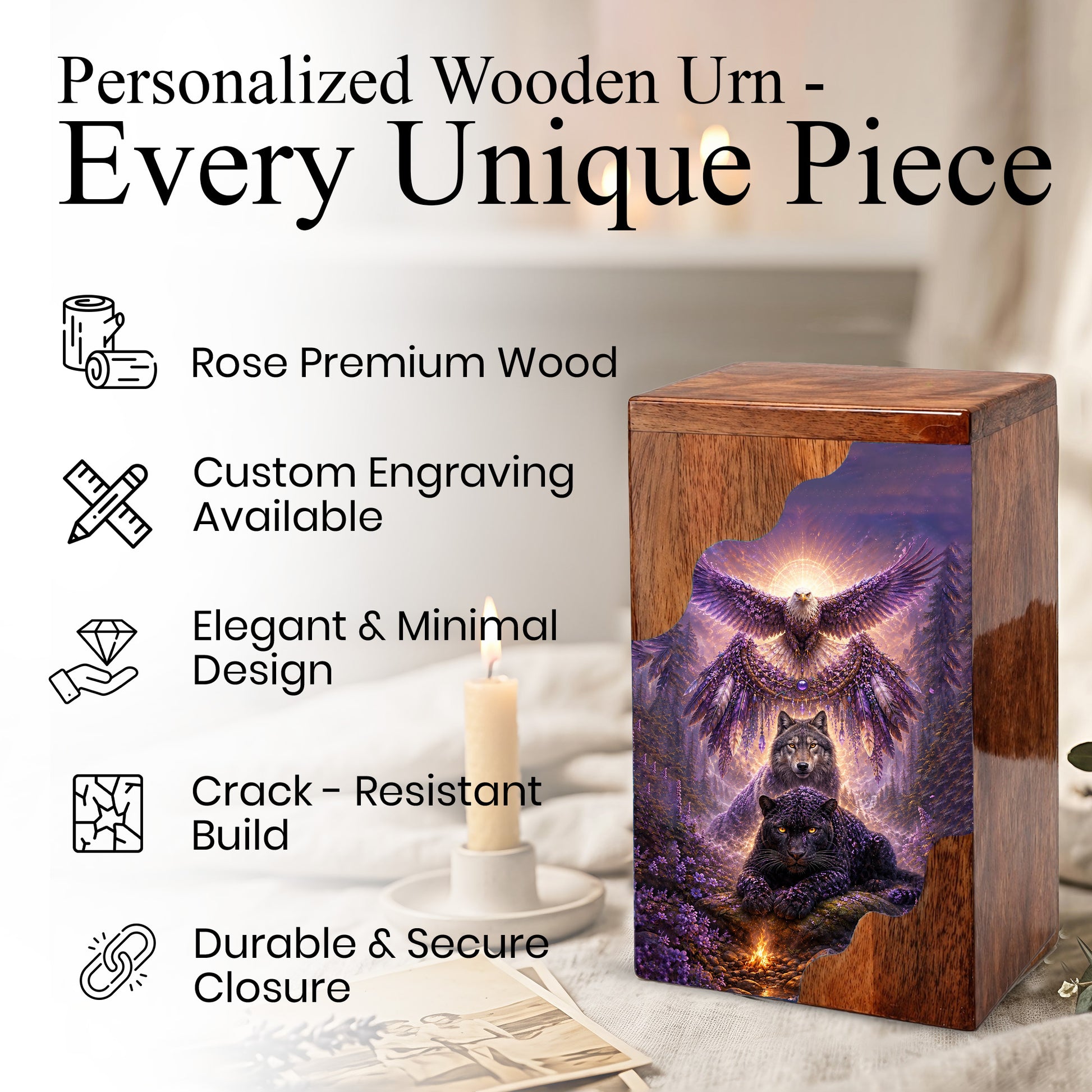 Wildlife Wooden Cremation Urn for Human Ashes | Eagle Wolf Panther Memorial Urn