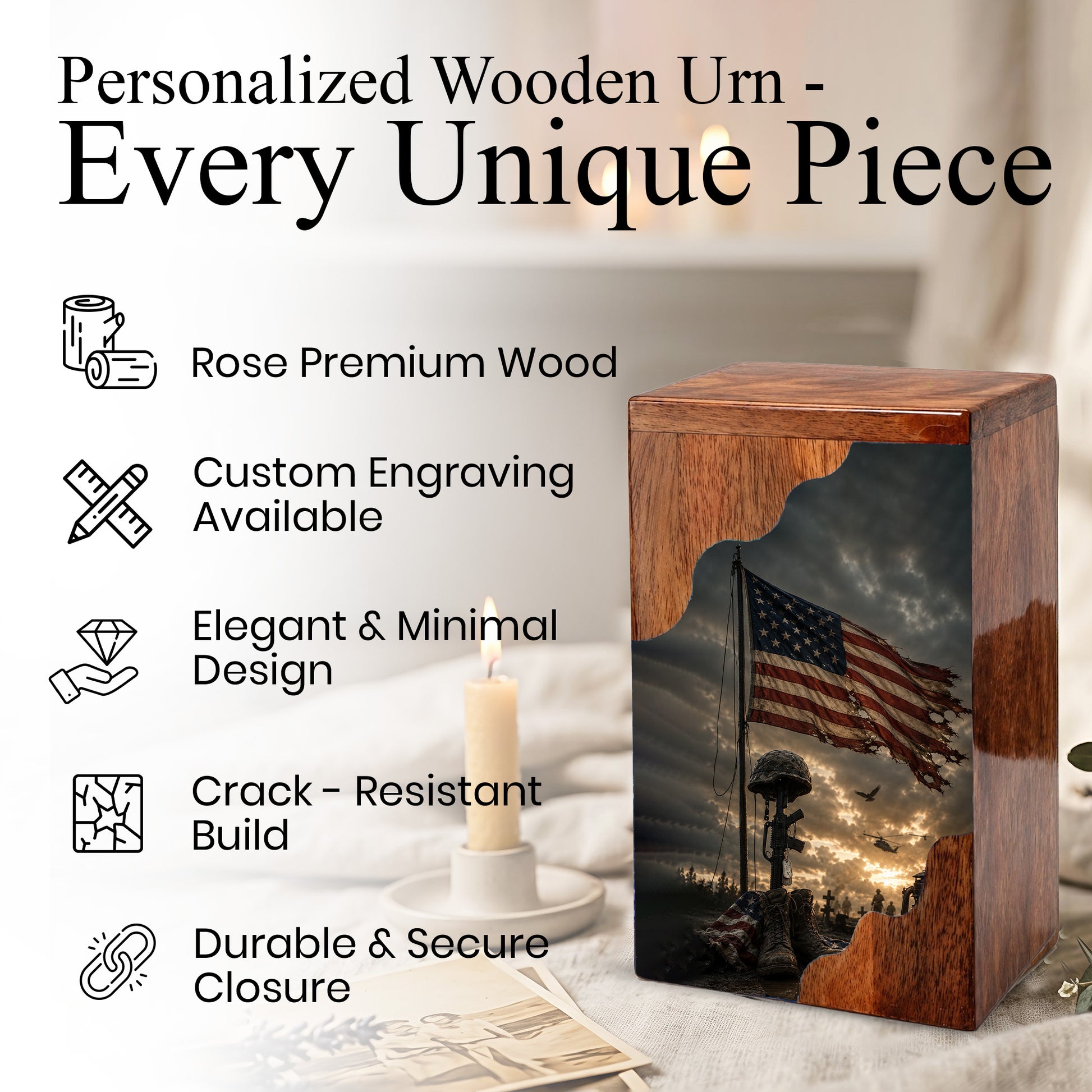Military Wooden Cremation Urn for Human Ashes