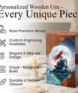 Wooden Cremation Urn – Moonlit Mermaid Memorial Urn | Custom Memorial Urn for Mom, Women & Loved Ones
